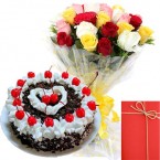 Order Online Midnight Eggless Black Forest Cake with Mix Roses Bunch Card Delivery in Hooghly Sameday Lowcost
