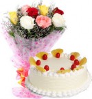 Order Online Delivery of Eggless Pineapple Cake N Mix Roses Bouquet in Gandhinagar