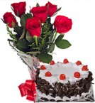 Order Online Midnight Black Forest Cake n Red Roses Bunch Delivery in Hooghly Sameday Lowcost