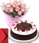Order Online Midnight Black Forest Cake Half Kg with Pink Roses Bouquet n Card Delivery in Hooghly Sameday Lowcost