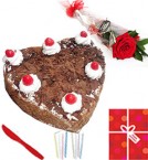 Order Online Midnight Single Roses Heart Shaped 1Kg Black Forest cake Candle Greeting Card Delivery in Hooghly Sameday Lowcost
