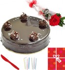 Order Online Midnight 1Kg Chocolate cake Single Roses Candle Greeting Card Delivery in Hooghly Sameday Lowcost