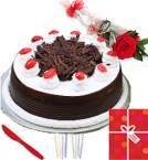 Order Online Midnight 1Kg Black Forest cake Single Roses Candle Greeting Card Delivery in Hooghly Sameday Lowcost