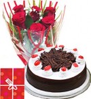 Order Online Midnight 1Kg Black Forest Cake Roses bouquet n Greeting Card Delivery in Hooghly Sameday Lowcost