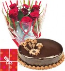 Order Online Midnight 1Kg Chocolate Truffle Cake Roses bouquet n Greeting Card Delivery in Hooghly Sameday Lowcost