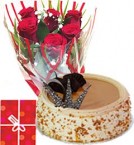 Order Online Midnight 1Kg Butterscotch Cake Roses bouquet n Greeting Card Delivery in Hooghly Sameday Lowcost