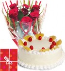 Order Online Midnight 1Kg Pineapple Cake Roses bouquet n Greeting Card Delivery in Hooghly Sameday Lowcost