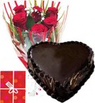 Order Online Midnight 1Kg Chocolate Truffle Heart Shape Cake Roses bouquet n Greeting Card Delivery in Hooghly Sameday Lowcost