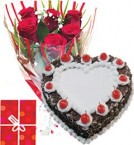 Order Online Midnight 1Kg Black Forest Heart Shape Cake Roses bouquet n Greeting Card Delivery in Hooghly Sameday Lowcost
