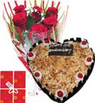 Order Online Midnight 1Kg Butterscotch Heart Shape Cake  Roses bouquet n Greeting Card Delivery in Hooghly Sameday Lowcost