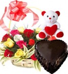 Order Online Midnight Heart Shape Chocolate Truffle Cake 1Kg N Roses Basket Teddy Gifts Delivery in Hooghly Sameday Lowcost