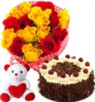 Order Online Midnight Red Yellow Roses Basket Black Forest Cake Teddy Gifts Delivery in Hooghly Sameday Lowcost