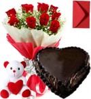 Order Online Midnight  1Kg Heart Shape Black Forest Cake Mix Roses Bouquet Teddy n Card  Delivery in Hooghly Sameday Lowcost