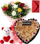 Order Online Midnight 1Kg Heart Shape Butterscotch Cake Roses Bouquet Teddy n Card Delivery in Hooghly Sameday Lowcost