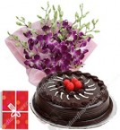 Order Online Midnight 1Kg Chocolate Cake n Orchids Bouquet Delivery in Hooghly Sameday Lowcost