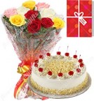 Order Online Midnight 1Kg White Forest Cake 10 Mix Roses bouquet n Greeting Card Delivery in Hooghly Sameday Lowcost