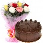Order Online 500gms Chocolate Truffles Cake With Mix Pink White Yellow Roses flower bouquet in Gandhinagar
