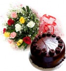 send Eggless Chocolate Cake n Mix Roses Bouquet delivery