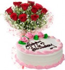 send Eggless Strawberry Cake n Red Roses Bouquet delivery