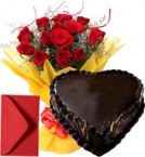send 1Kg Eggless Heart Shape Chocolate Cake n Roses Bouquet delivery