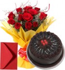 send 1Kg Eggless Chocolate Cake n Red Roses Bouquet delivery