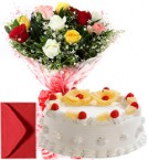 send 1Kg Eggless Pineapple Cake n Mix Roses  delivery