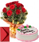 send 1Kg Eggless Strawberry Cake n Red Roses Bouquet delivery
