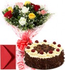 send 1Kg Eggless black Forest Cake n Mix Roses  delivery