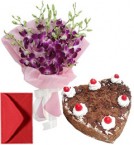 send Eggless Hart Shape Black Forest n Orchid Bouquet delivery