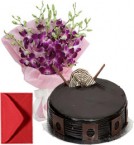 send Orchids Bouquet n Small Eggless Chocolate Cake delivery