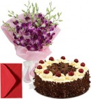 send Orchids Bouquet n Half Kg Eggless Black Forest Cake delivery