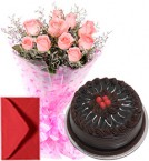 send Pink Roses Bouquet Half Kg Eggless Chocolate Cake delivery