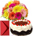 send Bouquet of Mixed Gerberas and Half kg Eggless Black Forest Cake delivery
