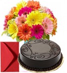 send Bouquet Of Mixed Gerberas And Half Kg Eggless Chocolate Cake delivery
