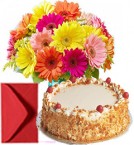 send Bouquet of Mixed Gerberas n Half kg Eggless Butterscotch Cake delivery