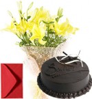 send Lilies Bouquet n Eggless Chocolate Cake delivery