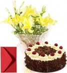 send Lilies Bouquet  n Eggless Black Forest Cake delivery