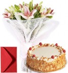 send Lilies Bouquet n Eggless Butterscotch Cake delivery