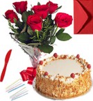 send Any Occasion Eggless Butterscotch Cake n Roses Bunch delivery