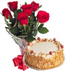 send OrderButterscotch Cake n Red Roses Bunch Delivery