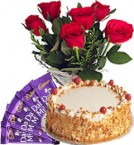 send Red Roses Bunch Eggless Butterscotch Cake n Chocolate delivery