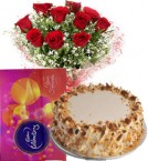 send Red Roses Bouquet Eggless Butterscotch Cake n Cadbury Celebrations Box delivery