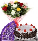 send Eggless Black Forest Cake Cake Mix Roses Bouquet N Chocolate delivery