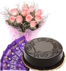 send Eggless Truffle Cake Pink Roses Bouquet N Chocolate delivery