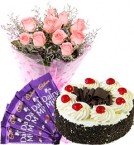 send Eggless Black Forest Cake Pink Roses Bouquet N Chocolate delivery