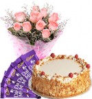 send Eggles Butterscotch Cake Pink Roses Bouquet N Chocolate delivery