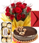 send Eggless Chocolate Truffle Cake Roses Bouquet Ferrero Rocher Greeting Card delivery
