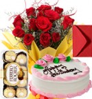 send Eggless Strawberry Cake Roses Bouquet Ferrero Rocher Greeting Card delivery