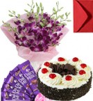 send Eggless Black Forest Cake Orchid Bouquet N Chocolate delivery