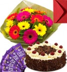 send Eggless Black Forest Cake Gerbera Bouquet N Chocolate delivery